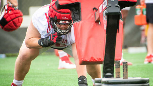 Indiana's Mike Katic (56) lines up for a drill during the first day of fall camp for Indiana football at their practice facilities on Wednesday, Aug. 2, 2023.  